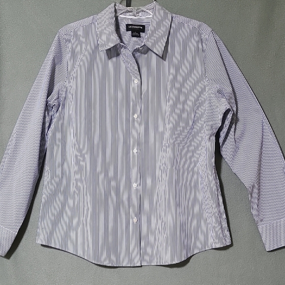 LIZ CLAIBORNE Career Wrinkle Free Blue & White Striped Long Sleeve Blouse Size L - Picture 1 of 13